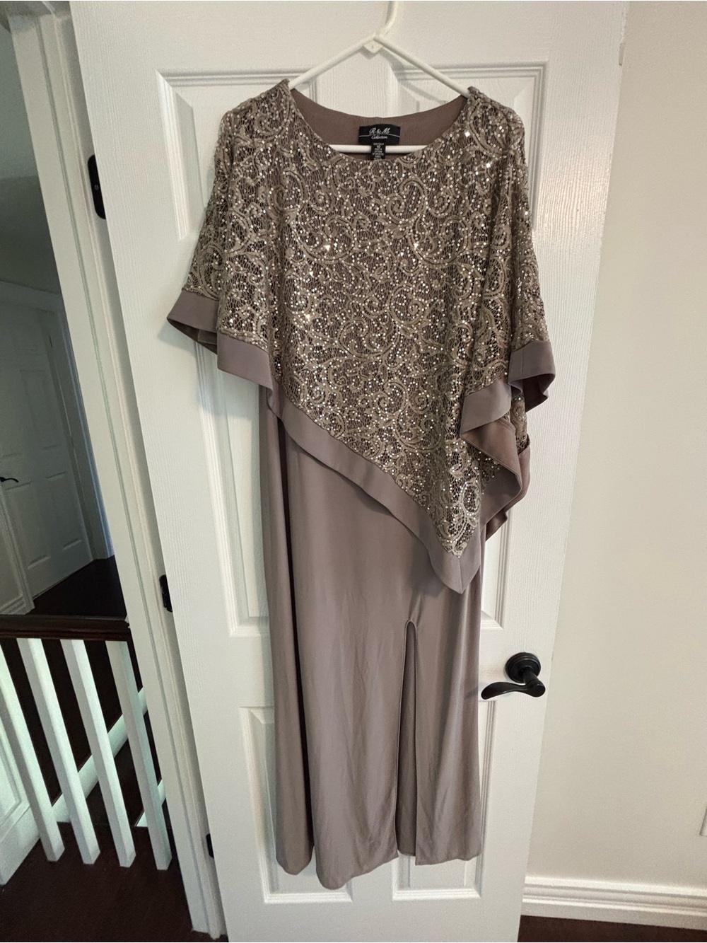 Embellished Taupe Evening Dress with Sequin Overlay